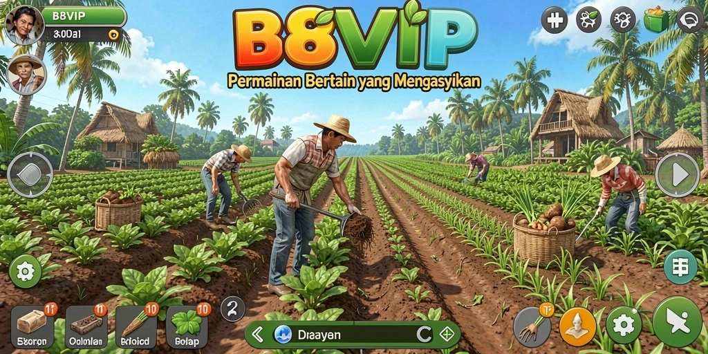 Screenshot B8VIP menampilkan pemain yang sedang bertani dengan tanaman hijau subur.