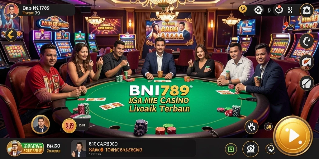 Screenshot gameplay BNI789 yang menunjukkan dealer dan pemain berinteraksi.