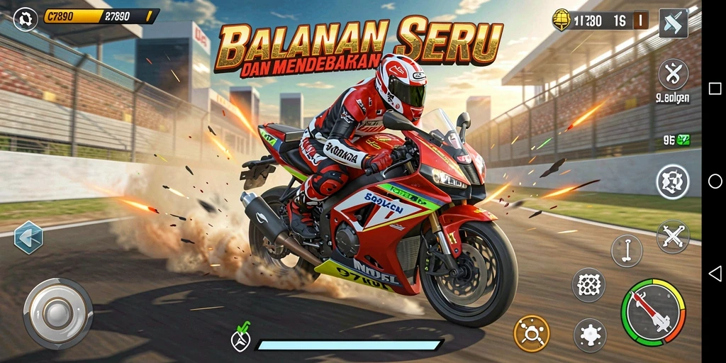 Tampilan gameplay C7890 menampilkan balapan motor yang menegangkan dan menampilkan kecepatan tinggi.