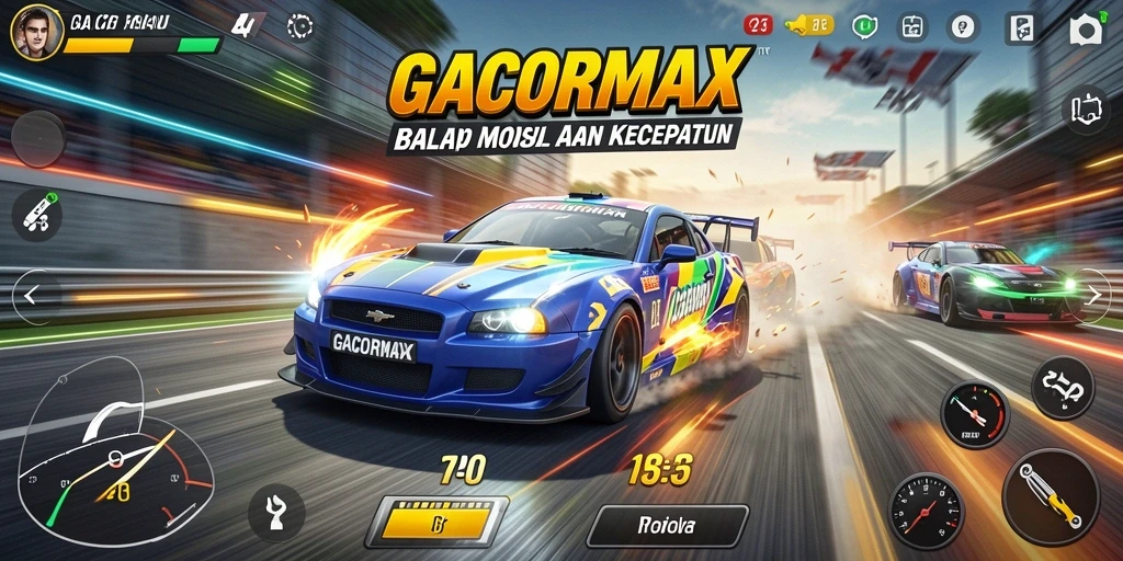 Gameplay GACORMAX: balapan mendebarkan dengan mobil cepat dan trek menantang.