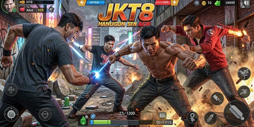 Gameplay aksi mendebarkan dalam JKT8 dengan pertarungan seru.