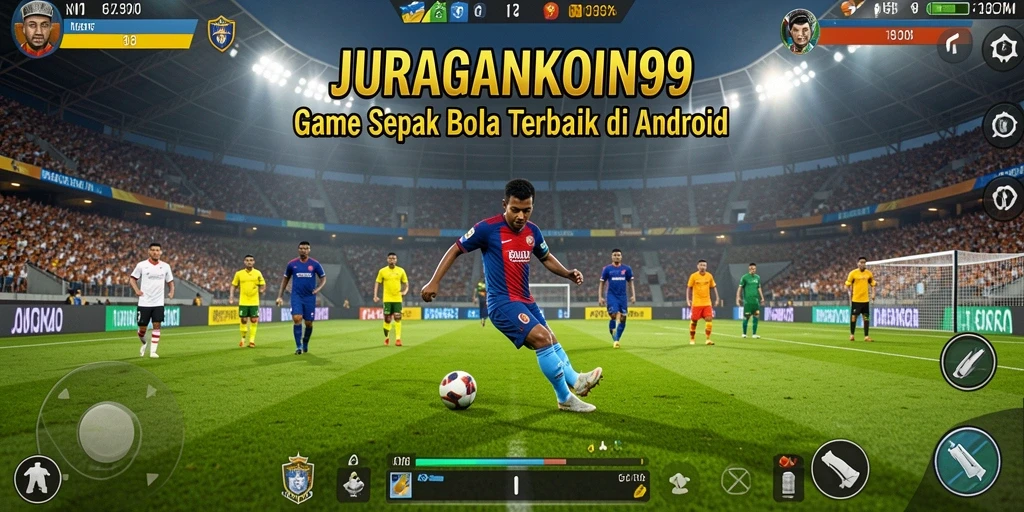 Screenshot dari gameplay JURAGANKOIN99 yang menunjukkan aksi seru sepak bola.
