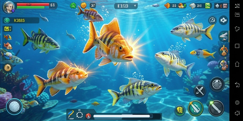 Screenshot gameplay K3K3 menampilkan serunya menembak ikan.