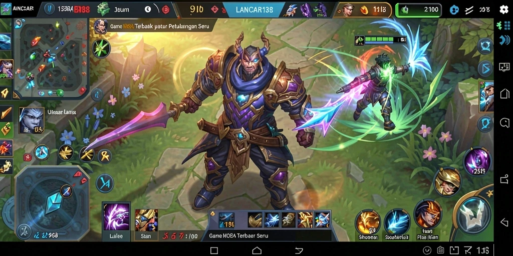 Screenshot gameplay LANCAR138 menampilkan aksi pertempuran MOBA yang intens.