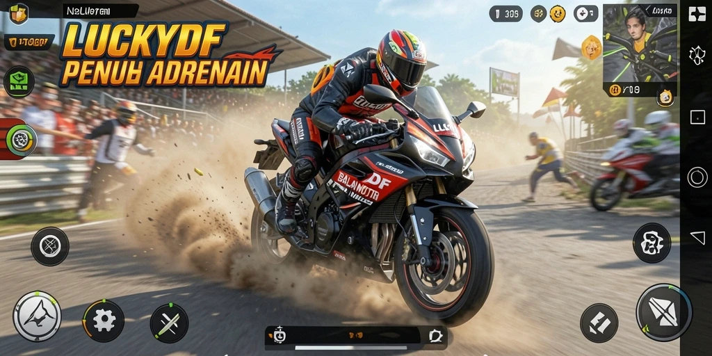 Screenshot gameplay LUCKYDF menampilkan aksi balapan motor yang intens.
