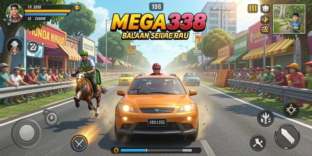 Screenshot MEGA338 menampilkan aksi balapan yang mendebarkan.