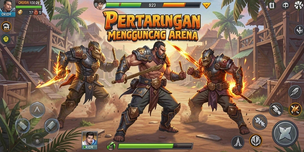 Screenshot gameplay OKIDR menampilkan karakter bertarung dengan efek visual spektakuler.